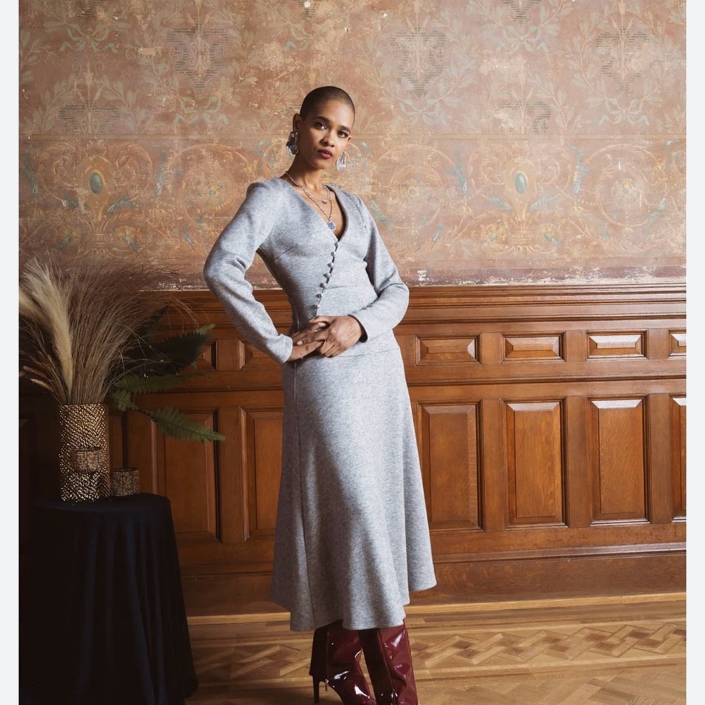 UNDRA CELESTE NEWYORK Gray V-Neck Long Sleeve Knit Dress